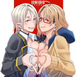 Rule 34 | 2girls, ahoge, bad id, bad tumblr id, blazer, blonde hair, breast press, breasts, butcha-u, cardigan, cleavage, collar, commentary, earrings, eyelashes, fang, gyaru, hair ornament, hairclip, heart, heart hands, heart hands duo, highres, jacket, jewelry, kogal, large breasts, licking lips, looking at viewer, medium hair, mole, mole under eye, multiple girls, nail polish, naughty face, necklace, no bra, open cardigan, open clothes, open jacket, open shirt, original, pearl necklace, red-framed eyewear, red eyes, ring, school uniform, short hair, slit pupils, symmetrical docking, tongue, tongue out, vampire, white hair, wig