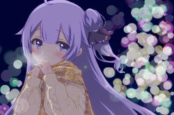 Rule 34 | 1girl, ahoge, aran sweater, azur lane, black ribbon, blush, breath, brown sweater, cable knit, commentary request, covered mouth, floral print, hair between eyes, hair bun, hair ribbon, long hair, long sleeves, one side up, puffy long sleeves, puffy sleeves, purple eyes, purple hair, ribbon, side bun, single hair bun, single side bun, solo, sukireto, sweater, unicorn (azur lane), upper body