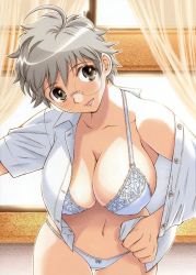 Rule 34 | 1girl, ahoge, bra, breasts, cleavage, cynthia the mission, covered erect nipples, glasses, hanging breasts, huge breasts, lace, lace bra, large breasts, lingerie, navel, official art, open clothes, open mouth, open shirt, panties, shirt, short hair, silver hair, solo, source request, takatou rui, takaya kanae, underwear, white bra, white panties