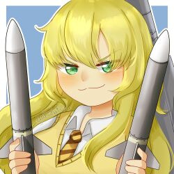 Rule 34 | 1girl, :3, absurdres, aim-120 amraam, aircraft, airplane, artist name, beyond-visual-range missile, blonde hair, blue background, blush, f-35 (flight highschool), f-35 lightning ii, f-35 lightning ii (personification), flight highschool, green eyes, highres, holding, holding missile, holding weapon, jet, long hair, missile, necktie, outline, personification, portrait, shirt, simple background, solo, striped necktie, surface-to-surface missile, vest, weapon, white outline, white shirt, yellow necktie, yellow vest