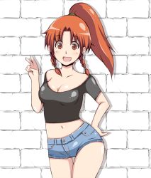 Rule 34 | 1girl, alternate costume, alternate eye color, alternate hairstyle, bare shoulders, braid, breasts, brick wall, casual, cleavage, contemporary, denim, denim shorts, female focus, hand on own hip, hip focus, hong meiling, open mouth, orange eyes, ponytail, red eyes, red hair, short shorts, shorts, side braid, smile, solo, thigh gap, thighs, touhou, tsukigi, twin braids