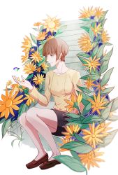 Rule 34 | 10s, 1girl, black skirt, brown footwear, brown hair, bug, butterfly, collarbone, ecrsin, flower, bug, outstretched hand, psycho-pass, red eyes, shoes, short hair, skirt, solo, stairs, tsunemori akane