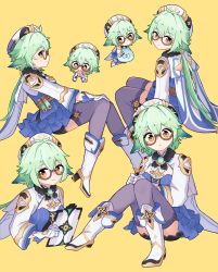 Rule 34 | 1girl, :|, ahoge, animal ears, beret, black thighhighs, blue dress, blush, boots, cape, cat ears, chibi, closed mouth, commentary, dress, eating, english commentary, full body, genshin impact, glasses, gloves, green hair, hair between eyes, hat, high heel boots, high heels, highres, knee boots, looking at viewer, multiple views, notepad, orange eyes, ponytail, ranruns6308, semi-rimless eyewear, short hair, simple background, sitting, slime (genshin impact), sucrose (genshin impact), test tube, thighhighs, transparent background, vision (genshin impact), white footwear, white gloves, yellow background, yellow eyes