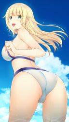 Rule 34 | 1girl, absurdres, ass, back, bikini, blonde hair, blue eyes, blue sky, cameltoe, cloud, cloudy sky, commentary request, cowboy shot, day, from behind, grey bikini, hataraki kuma, highres, leaning forward, long hair, looking at viewer, looking back, open mouth, original, outdoors, sky, smile, solo, standing, swimsuit, trefoil, water drop, wet