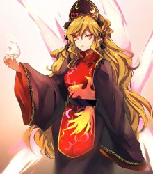 Rule 34 | 1girl, bad id, bad twitter id, black dress, chinese clothes, crescent moon, dress, eredhen, fox tail, gradient background, hat, junko (touhou), long hair, long sleeves, moon, multiple tails, orange hair, red eyes, ribbon, sash, solo, tabard, tail, touhou, very long hair, wide sleeves