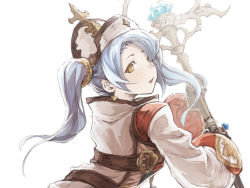 Rule 34 | 10s, 1girl, black gloves, blue hair, earrings, gloves, granblue fantasy, hat, jewelry, long sleeves, looking at viewer, looking back, mephisto (angraecum), simple background, solo, sophia (granblue fantasy), staff, twintails, white background, yellow eyes