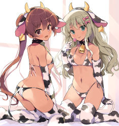 Rule 34 | 2girls, :d, alternate costume, animal costume, animal ears, animal print, aqua eyes, ass, bell, bikini, blonde hair, blush, brown eyes, brown hair, candy, closed mouth, collar, commentary request, cow ears, cow print, cow print bikini, cowbell, cowboy shot, dark-skinned female, dark skin, elbow gloves, fake animal ears, fake horns, flat chest, food, gloves, gluteal fold, grecale (kancolle), hair between eyes, hairband, holding, horns, kantai collection, kneeling, libeccio (kancolle), lollipop, long hair, looking at viewer, multiple girls, navel, neck bell, odawara hakone, open mouth, print bikini, print legwear, side-tie bikini bottom, simple background, smile, string bikini, swimsuit, thighhighs, tongue, tongue out, twintails, twitter username, wavy hair, white background, white bikini, white gloves, white legwear