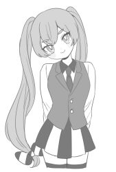 1boy arms_behind_back bishounen_series bow buttons closed_mouth collared_shirt cropped_legs crossdressing eyelashes greyscale hair_bow head_tilt highres kumakuta18 lapels long_hair long_sleeves looking_at_viewer male_focus monochrome necktie pleated_skirt school_uniform shirt simple_background sketch skirt smile solo soutouin_manabu striped_bow striped_clothes striped_skirt thighhighs trap twintails very_long_hair vest white_background wig zettai_ryouiki