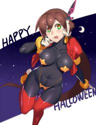 Rule 34 | 1girl, aile (mega man zx), blush, bodysuit, bracelet, breasts, brown hair, commentary request, covered erect nipples, covered navel, crescent moon, cropped jacket, green eyes, hair between eyes, halloween, hand on own cheek, hand on own face, happy halloween, head tilt, heart, heart-shaped pupils, impossible bodysuit, impossible clothes, jacket, jewelry, large breasts, layered sleeves, long hair, long sleeves, mega man (series), mega man zx, mega man zx advent, moon, open mouth, pasties, ponytail, puffy short sleeves, puffy sleeves, red jacket, red thighhighs, robot ears, short over long sleeves, short sleeves, skin tight, sky, smile, solo, spandex, star (sky), starry sky, symbol-shaped pupils, text focus, thighhighs, tongue, tongue out, ukimukai, very long hair