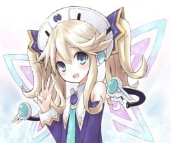 Rule 34 | 10s, 1girl, :d, bad id, bad pixiv id, bare shoulders, blonde hair, blue eyes, blush, buran (kure), detached sleeves, female focus, hair ornament, hat, histoire, long hair, looking at viewer, neptune (series), open mouth, smile, solo, twintails, w