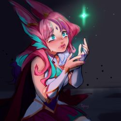 Rule 34 | 1girl, animal ears, artist name, bare shoulders, blush, breasts, cape, choker, closed mouth, crying, from side, gem, gloves, green eyes, green hair, grey background, highres, large breasts, league of legends, long hair, miniskirt, nail polish, peghmey, pink choker, pink hair, pink nails, red cape, red skirt, sad, shoulder tattoo, sitting, skirt, solo, star guardian xayah, tattoo, xayah