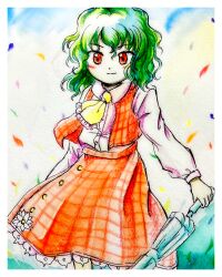 Rule 34 | 1girl, absurdres, ascot, border, buttons, closed mouth, closed umbrella, collared shirt, dress shirt, frilled ascot, frills, hair between eyes, highres, holding, holding umbrella, kazami yuuka, long sleeves, medinki, official style, open clothes, open vest, plaid, plaid skirt, plaid vest, red skirt, red vest, shirt, skirt, smile, solo, split mouth, touhou, traditional media, umbrella, vest, white border, white shirt, yellow ascot, zun (style)