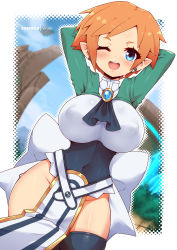 Rule 34 | 1girl, ;d, absurdres, arms behind head, ascot, black ascot, blue eyes, blush, breasts, covered erect nipples, covered navel, cowboy shot, disgaea, dithering, earrings, groin, highres, jewelry, large breasts, looking at viewer, magic knight (disgaea), nipples, no panties, one eye closed, open mouth, orange hair, pelvic curtain, pointy ears, short hair, shrug (clothing), smile, solo, sweatdrop, teeth, thighhighs, upper teeth only, virus-g