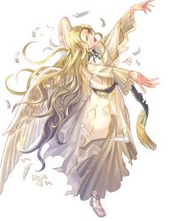 Rule 34 | 1boy, alternate costume, blonde hair, bouquet, closed eyes, feathered wings, feathers, feet, fire emblem, fire emblem: radiant dawn, fire emblem heroes, flower, full body, green eyes, highres, injury, long hair, male focus, nintendo, official art, open mouth, pointy ears, rafiel (fire emblem), sandals, solo, teeth, toes, torn clothes, transparent background, white wings, wings