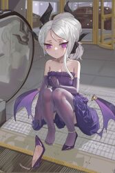Rule 34 | 1girl, absurdres, blue archive, blush, demon wings, elbow gloves, escalator, feet, gloves, highres, hina (blue archive), hina (dress) (blue archive), long hair, looking at viewer, pantyhose, pointing, purple eyes, purple pantyhose, shoes, squatting, toes, unworn shoes, white hair, wings, yukiale