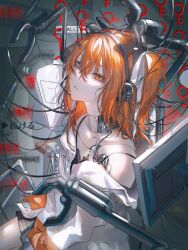 Rule 34 | 1girl, a.i. voice, adachi rei, android, asano (kazusasn), cable, closed mouth, commentary, grey eyes, hair between eyes, hair ribbon, headlamp, headset, heterochromia, highres, jacket, key, machinery, mechanical parts, medium hair, monitor, one side up, open clothes, open jacket, orange eyes, orange hair, radio antenna, ribbon, single bare shoulder, single off shoulder, sitting, solo, spaghetti strap, upper body, user interface, utau, white jacket, white ribbon