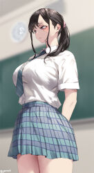 Rule 34 | 1girl, aqua necktie, arms behind back, blurry, blurry background, breasts, brown eyes, collared shirt, commentary request, highres, jonsun, large breasts, looking to the side, mami (jonsun), medium hair, mole, mole under eye, necktie, original, plaid, plaid skirt, school uniform, shirt, short sleeves, skirt, solo, standing, striped necktie, thighs, twitter username, white shirt