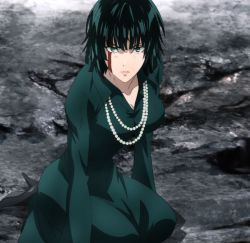 Rule 34 | 1girl, blood, blood on face, breasts, cleavage, collared dress, dress, fubuki (one-punch man), green dress, green eyes, green hair, highres, large breasts, lips, one-punch man, screencap, short hair, stitched, third-party edit