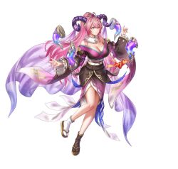 Rule 34 | 1girl, anbe yoshirou, blush, breasts, cleavage, curled horns, fire emblem, fire emblem heroes, floating, floating object, frilled sleeves, frills, fur trim, gloves, goat horns, hair ornament, horns, large breasts, long hair, looking to the side, multicolored hair, nerthuz (fire emblem), nerthuz (new year) (fire emblem), nintendo, official art, origami, paper crane, pink hair, ponytail, purple eyes, second-party source, solo, two-tone hair, very long hair