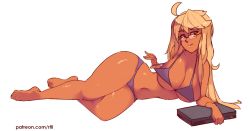 Rule 34 | 1girl, ahoge, alma armas, barefoot, bikini, bikini pull, blonde hair, breasts, brown eyes, cleavage, clothes pull, computer, curvy, dark-skinned female, dark skin, full body, glasses, huge ahoge, laptop, large breasts, legs together, long hair, looking at viewer, lying, on side, pulling own clothes, purple bikini, rtil, sideboob, simple background, skindentation, solo, spaghetti strap, strap gap, swimsuit, thighs, underboob, va-11 hall-a, very long hair, white background