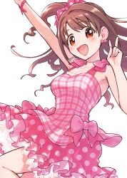 Rule 34 | 1girl, arm up, bare shoulders, blush, breasts, brown eyes, brown hair, collarbone, dress, earrings, hair ribbon, idolmaster, idolmaster cinderella girls, idolmaster cinderella girls starlight stage, jewelry, layered dress, long hair, looking at viewer, medium breasts, nanonin, necklace, one side up, open mouth, pink dress, pink wristband, polka dot, red ribbon, ribbon, shimamura uzuki, simple background, smile, solo, v, white background