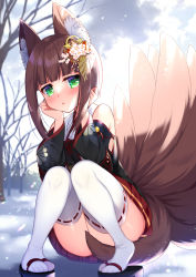Rule 34 | 1girl, :&lt;, animal ears, arm support, blunt bangs, blurry, brown hair, character request, commentary request, depth of field, detached sleeves, fox ears, fox girl, fox tail, green eyes, hair ornament, head rest, highres, indie virtual youtuber, japanese clothes, kitsune, kyuubi, looking at viewer, multiple tails, pleated skirt, ribbon-trimmed sleeves, ribbon trim, ringo sui, short hair, short hair with long locks, sidelocks, skirt, snowing, solo, squatting, tail, thighhighs, virtual youtuber, white thighhighs, wide sleeves, zettai ryouiki