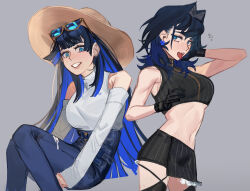 Rule 34 | 1girl, blue eyes, blue hair, blunt bangs, blunt ends, bow, bow earrings, earrings, eus ing, eyewear on head, grey background, hair intakes, hat, highres, hololive, hololive english, jewelry, looking at viewer, midriff, miniskirt, multiple views, navel, open mouth, ouro kronii, ouro kronii (1st costume), ouro kronii (casual), simple background, skirt, sleeveless, sleeveless turtleneck, sun hat, sunglasses, teeth, thighhighs, tongue, tongue out, turtleneck, virtual youtuber