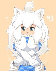 Rule 34 | 2girls, :3, ?, ahoge, animal ear fluff, animal ears, between breasts, blue necktie, blue skirt, blush, breasts, breasts squeezed together, captain (kemono friends), commentary request, cowboy shot, elbow gloves, female pov, gloves, grey eyes, heart, highres, kemono friends, kemono friends 3, large breasts, lets0020, lion ears, lion girl, long hair, looking at viewer, medium bangs, multiple girls, necktie, necktie between breasts, numbered, open mouth, orange background, plaid, plaid necktie, plaid skirt, pleated skirt, pov, pov hands, shirt, skirt, smile, solo focus, white gloves, white hair, white lion (kemono friends), white shirt