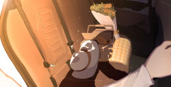 Rule 34 | 1girl, absurdres, basket, blanket, bouquet, bread, car interior, car seat, chinese commentary, commentary request, flower, food, hat, highres, kong bu zhili cha, long sleeves, mahou shoujo madoka magica, mahou shoujo madoka magica (anime), out of frame, picnic basket, seatbelt, shadow, solo, sun hat, tomoe mami, unworn hat, unworn headwear, white hat