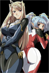 Rule 34 | 2girls, :o, ahoge, ass, bent over, blonde hair, blue hair, blush, bodysuit, breasts, crossed arms, embarrassed, from behind, hair intakes, hair ornament, huge ass, iris rebel, large breasts, long hair, looking back, lowres, meili naceri, mine yuki, multiple girls, official art, pixy (company), pointy ears, purple eyes, red eyes, shiny clothes, simple background, smile, soukou kijo iris, standing, surprised, twintails