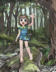 Rule 34 | 1girl, :d, bandaid, bandaid on leg, barefoot, bike shorts, bracelet, child, commentary, denim, denim dress, dress, english commentary, fence, fishing rod, forest, freckles, girutea, grass, green eyes, hair ornament, highres, holding, holding fishing rod, indie virtual youtuber, jewelry, lily hopkins, looking at viewer, moss, nature, open mouth, short hair, shorts under dress, signature, smile, solo, stream, teeth, tree, upper teeth only, virtual youtuber, waving