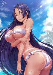 Rule 34 | 1girl, artist name, ass, back, bare shoulders, bikini, blue nails, blue sky, blush, breast hold, breasts, cloud, collarbone, covered erect nipples, day, embarrassed, fate/grand order, fate (series), gloves, hip focus, large breasts, long hair, looking to the side, minamoto no raikou (fate), minamoto no raikou (fate/grand order), minamoto no raikou (swimsuit lancer) (fate), nail polish, open mouth, outdoors, parted bangs, purple eyes, purple hair, sakiyamama, side-tie bikini bottom, signature, single glove, sky, smile, solo, standing, swimsuit, tan, tanline, thighs, very long hair, wet, white bikini