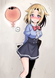 Rule 34 | 1girl, arms behind back, black skirt, bladder, blonde hair, blue shirt, blush, bow, bowtie, breasts, breath, buttons, closed mouth, collared shirt, dutch angle, embarrassed, female focus, forehead, frilled shirt, frills, grey background, hair intakes, have to pee, high-waist skirt, highres, juliet sleeves, legs together, long sleeves, looking at viewer, medium breasts, miniskirt, miruru (rune (dualhart)), multiple views, nose blush, original, pee, peeing, peeing self, puffy sleeves, purple eyes, red neckwear, rune (dualhart), shirt, shirt tucked in, short hair, sidelocks, simple background, skirt, smile, socks, standing, sweat, tears, urine meter, wavy mouth, white legwear, wide-eyed