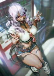 Rule 34 | 1girl, au ra, bare arms, belt, black horns, blurry, blurry background, breasts, can, choker, cleavage, collared shirt, commission, cropped shirt, cutoffs, dark-skinned female, dark skin, day, denim, denim shorts, double v, dragon girl, dragon horns, dragon tail, unworn eyewear, final fantasy, final fantasy xiv, fingernails, green shirt, grin, hands up, heart, heart-shaped eyewear, heterochromia, highres, holding, holding can, horns, kionaoki, large breasts, long hair, looking at viewer, midriff, outdoors, parted bangs, pink hair, purple eyes, red eyes, scales, shirt, shoes, short shorts, short sleeves, shorts, smile, solo, standing, standing on one leg, sunglasses, sweat, tail, v, vending machine, warrior of light (ff14)