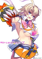 Rule 34 | 1girl, :d, amanohara minori, antenna hair, arcana heart, arcana heart 3, armpit peek, belt, blonde hair, blue belt, bow, breasts, brooch, capelet, copyright name, cowboy shot, fang, gauntlets, highres, jewelry, large breasts, long hair, looking at viewer, navel, open mouth, orange skirt, pink bow, purple eyes, razu (rus), revealing clothes, sideboob, simple background, skirt, smile, solo, standing, toned, twitter username, underboob, white background, white capelet