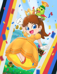 Rule 34 | 1girl, absurdres, artist request, blue eyes, breasts, brooch, brown hair, cape, coin, crown, dress, earrings, flower earrings, gloves, gold coin, grin, hand up, highres, jewelry, jumping, mario (series), medium breasts, nintendo, open mouth, orange dress, prince florian, princess daisy, smile, source request, super mario bros. wonder, talking flower (mario), tomboy