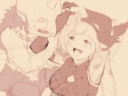 Rule 34 | 1boy, 1girl, 2equal8, armpits, breasts, character request, djeeta (granblue fantasy), elbow gloves, gloves, goblin, goblin male, grabbing another&#039;s hair, granblue fantasy, hairband, highres, horns, jewelry, monochrome, necklace, open mouth, pointy ears, saliva, single horn