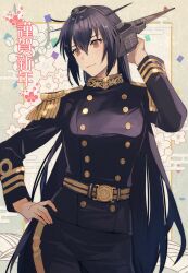 Rule 34 | 1girl, black hair, black pants, breasts, closed mouth, cowboy shot, egasumi, epaulettes, hair between eyes, hand on own hip, happy new year, headgear, highres, kantai collection, kasumi (skchkko), large breasts, long hair, long sleeves, military uniform, nagato (kancolle), new year, pants, red eyes, smile, solo, uniform