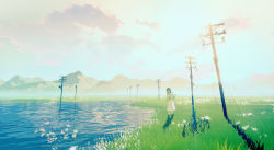 Rule 34 | 1girl, absurdres, bad id, bad pixiv id, black eyes, black hair, bouquet, closed mouth, collarbone, commentary, dress, flower, grass, highres, holding, holding bouquet, lake, long hair, looking at viewer, maionese, mountainous horizon, original, outdoors, power lines, scenery, sidelocks, solo, standing, utility pole, water, white dress, white flower, wide shot
