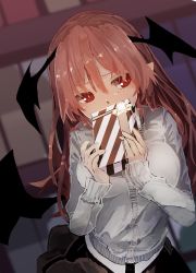 Rule 34 | 1girl, absurdres, blush, bookshelf, box, breasts, covering own mouth, futatsuki eru, gift, gift box, hair between eyes, head wings, highres, holding, holding gift, koakuma, large breasts, long hair, long sleeves, pointy ears, red eyes, red hair, solo, touhou, valentine, wings