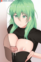 Rule 34 | 1boy, 1girl, absurdres, breasts, breasts squeezed together, byleth (female) (fire emblem), byleth (fire emblem), censored, cum, cum on body, cum on breasts, cum on clothes, cum on upper body, devilukez, ejaculation between breasts, fire emblem, fire emblem: three houses, green eyes, green hair, hetero, highres, long hair, nintendo, paizuri, paizuri under clothes, patreon username, penis, perpendicular paizuri, sweater