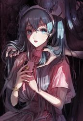 Rule 34 | 2girls, absurdres, aqua eyes, aqua hair, black nails, black vs white, dark persona, dress, earrings, hair over shoulder, hairband, hatsune miku, heart, highres, holding, holding another&#039;s hair, jewelry, long hair, looking at viewer, multiple girls, nail polish, own hands together, parted lips, pipi, profile, red lips, sash, shade, short sleeves, smile, twintails, upper body, very long hair, vocaloid, watch, white dress, wide sleeves, wristwatch