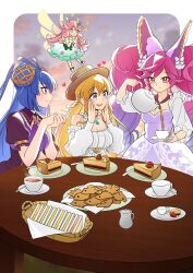 Rule 34 | 4girls, antenna hair, bare shoulders, basket, blonde hair, blue hair, brown headwear, cake, cleo (dragalia lost), cookie, cup, dragalia lost, dress, drooling, fairy, fairy wings, floating, food, fruit, green dress, hair ornament, hands on own face, hat, heart, highres, holding, holding cup, holding teapot, long hair, long sleeves, mouth drool, multicolored hair, multiple girls, notte (dragalia lost), official alternate costume, open mouth, origa (dragalia lost), own hands together, pink eyes, pink hair, plate, pouring, puffy short sleeves, puffy sleeves, purple dress, sandwich, short sleeves, sleeveless, sleeveless dress, smile, strawberry, table, teapot, teeth, twintails, two-tone hair, upper body, upper teeth only, very long hair, wings, xiafei97, zethia