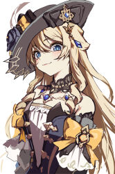 Rule 34 | 1girl, bare shoulders, black flower, black hair, blonde hair, blue eyes, blush, bow, closed mouth, detached sleeves, dress, drill hair, drill sidelocks, flower, genshin impact, hair between eyes, hat, hat flower, highres, jewelry, long hair, looking at viewer, navia (genshin impact), sidelocks, simple background, solo, upper body, vision (genshin impact), white background, yoruhachi
