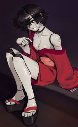 Rule 34 | 1girl, :d, android, black choker, black hair, black sclera, breasts, choker, collarbone, colored sclera, colored skin, commentary, flip-flops, full body, grey skin, grin, hair over one eye, highres, ittla, japanese clothes, joints, kimono, legs, long sleeves, looking at viewer, medium breasts, mole, mole under mouth, no bra, off shoulder, open mouth, original, platform clogs, platform footwear, red kimono, robot joints, sandals, sash, short hair, single bare shoulder, sitting, smile, solo, toes, wide sleeves