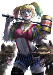 Rule 34 | 1girl, batman (series), birds of prey, blonde hair, breasts, clown, dc comics, earrings, harley quinn, highres, hyena, jewelry, mallet, multicolored hair, nail polish, navel, necklace, pale skin, short shorts, shorts, smile, suspenders, tattoo, weapon
