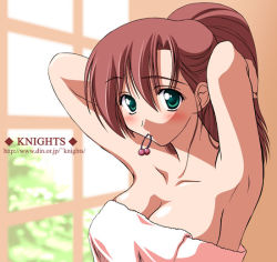 Rule 34 | 1girl, armpits, arms up, blush, breasts, brown hair, cleavage, collarbone, female focus, green eyes, hair bobbles, hair ornament, indoors, kishi nisen, large breasts, looking at viewer, mouth hold, naked towel, neck, original, ponytail, shiny skin, solo, towel, upper body, window