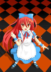 Rule 34 | 1girl, alastor (shakugan no shana), alice (alice in wonderland), alice (alice in wonderland) (cosplay), alice in wonderland, apron, black footwear, blue bow, bow, cosplay, dress, highres, jewelry, long hair, looking up, mary janes, necklace, neon (noblelot), pantyhose, pendant, red eyes, red hair, shakugan no shana, shana, shoes, solo, striped clothes, striped legwear, striped pantyhose