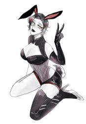 Rule 34 | 1girl, animal ears, black hair, black lips, boots, breasts, cleavage, covered navel, earrings, elbow gloves, full body, gloves, highres, jewelry, large breasts, lipstick, makeup, nijisanji, nijisanji en, rabbit ears, rabbit tail, red hair, short hair, single elbow glove, single thigh boot, sitting, solo, tail, thigh boots, v, virtual youtuber, vox akuma, wariza, yellow eyes, yui930