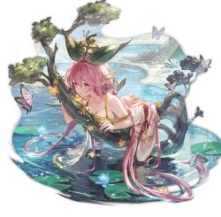 Rule 34 | 1girl, ass, barefoot, bikini, breasts, bug, butterfly, cleavage, granblue fantasy, hair between eyes, hair ornament, bug, lily pad, long hair, lying, minaba hideo, official art, on stomach, pink hair, pointy ears, see-through, side-tie bikini bottom, solo, sunlight, swimsuit, thighlet, transparent background, very long hair, water, yellow eyes, yggdrasil (granblue fantasy)